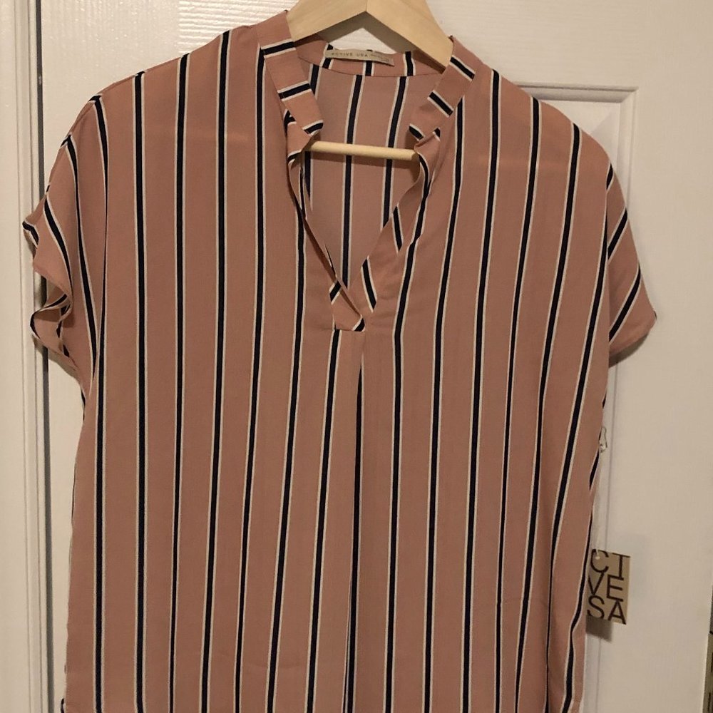 Active USA Mauve & Navy Stripe Short Sleeve Blouse